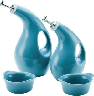 Rachael Ray Serveware Ceramics EVOO and Ramekin Dipper Set, 4 Piece, Agave Blue