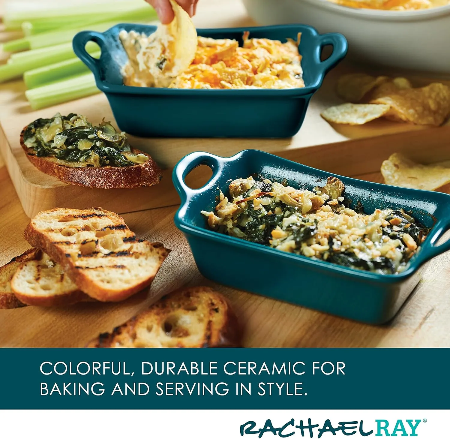 Rachael Ray Solid Glaze Ceramics Au Gratin Bakeware/Baker Set, Rectangular, 2 Piece, Teal