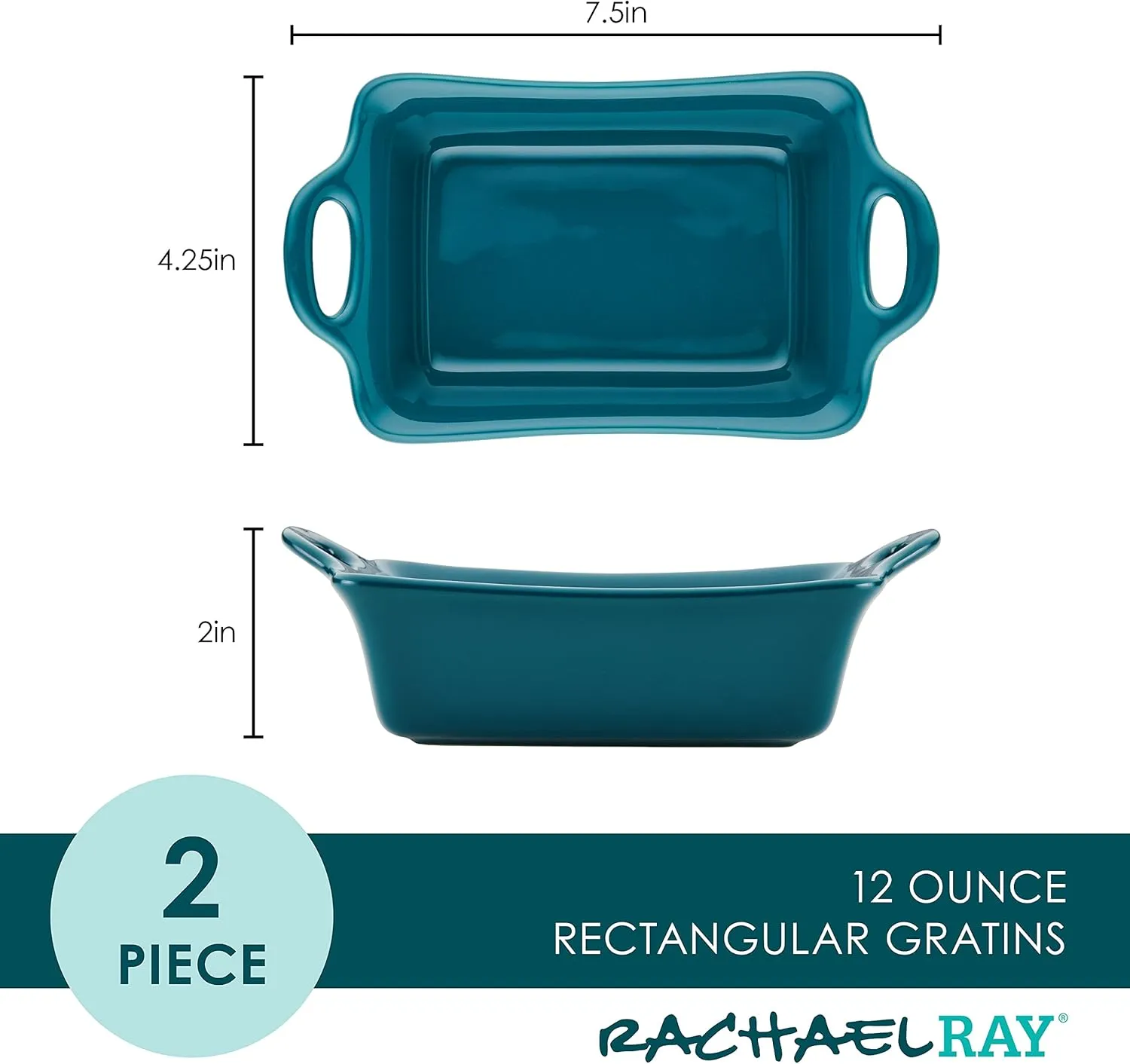 Rachael Ray Solid Glaze Ceramics Au Gratin Bakeware/Baker Set, Rectangular, 2 Piece, Teal