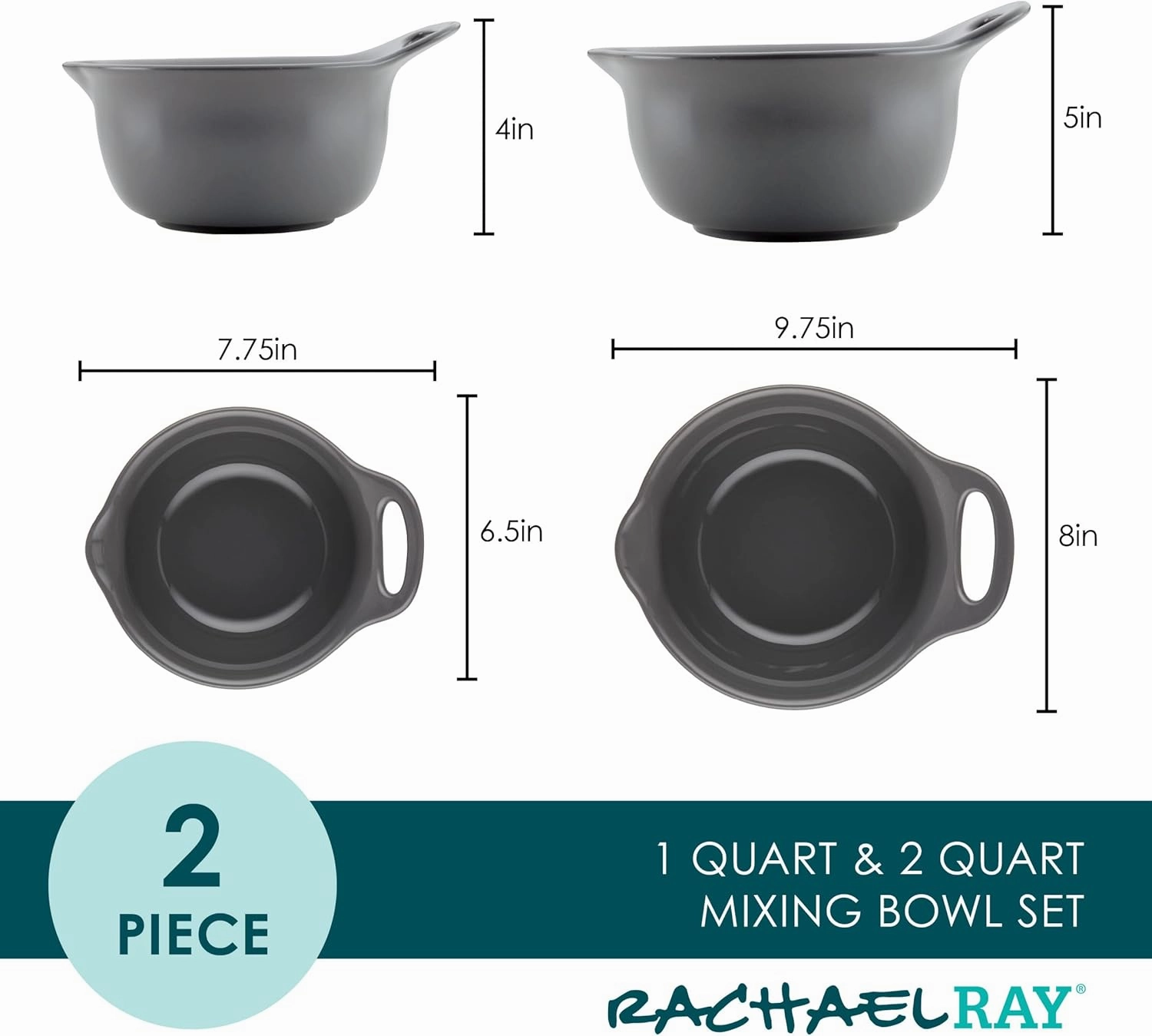 Rachael Ray Ceramics Nesting Mixing Bowl Set with Pour Spout, 1 Quart and 2 Quart, Dark Gray