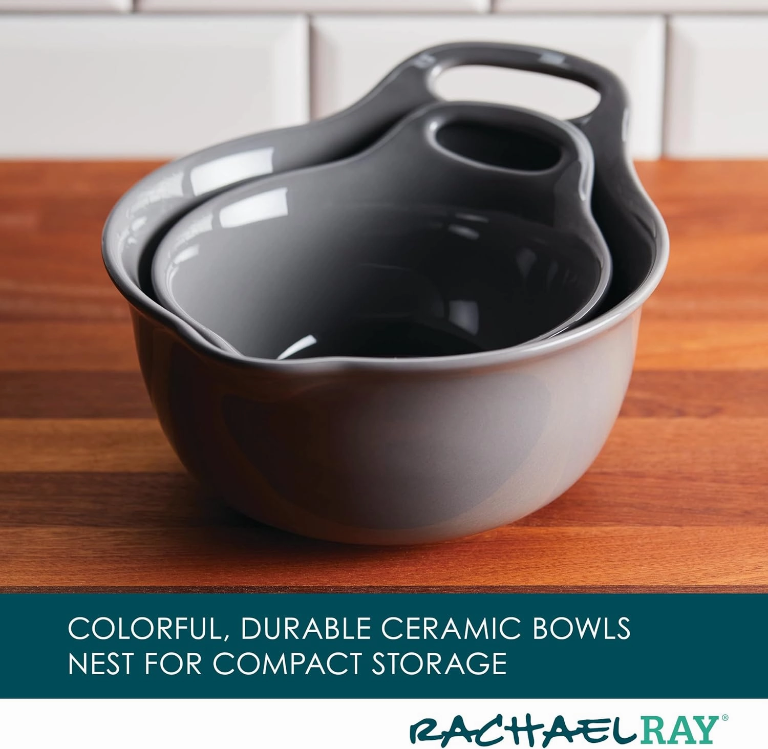 Rachael Ray Ceramics Nesting Mixing Bowl Set with Pour Spout, 1 Quart and 2 Quart, Dark Gray