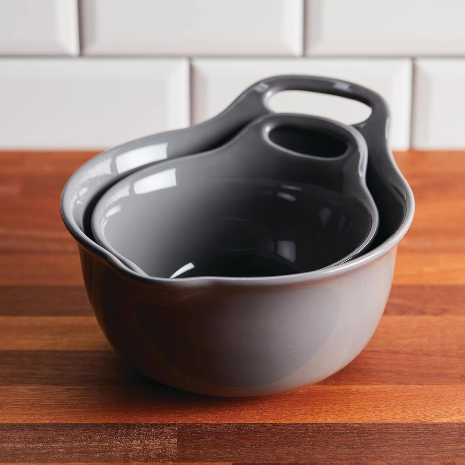 Rachael Ray Ceramics Nesting Mixing Bowl Set with Pour Spout, 1 Quart and 2 Quart, Dark Gray