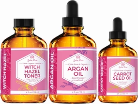 Radiant Skin Trio, with Witch Hazel Toner 4oz, Argan Oil 4oz, & Carrot Seed Oil 2oz, for Face, Skin, and Hair