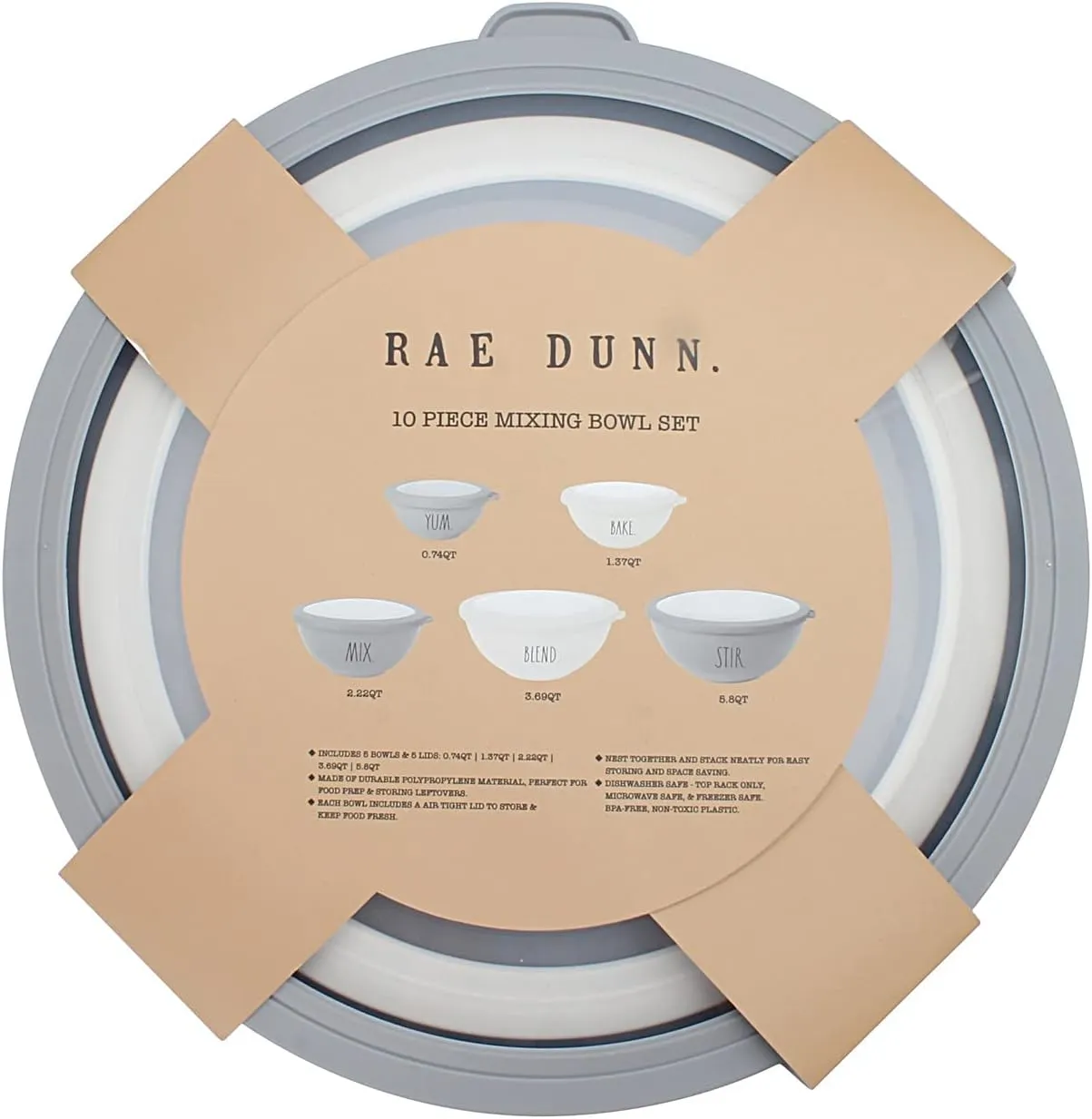 Rae Dunn Mixing Bowls with Lids - 10 Piece Plastic Nesting Bowls Set includes 5 Prep Bowls and 5 Lids (Grey)