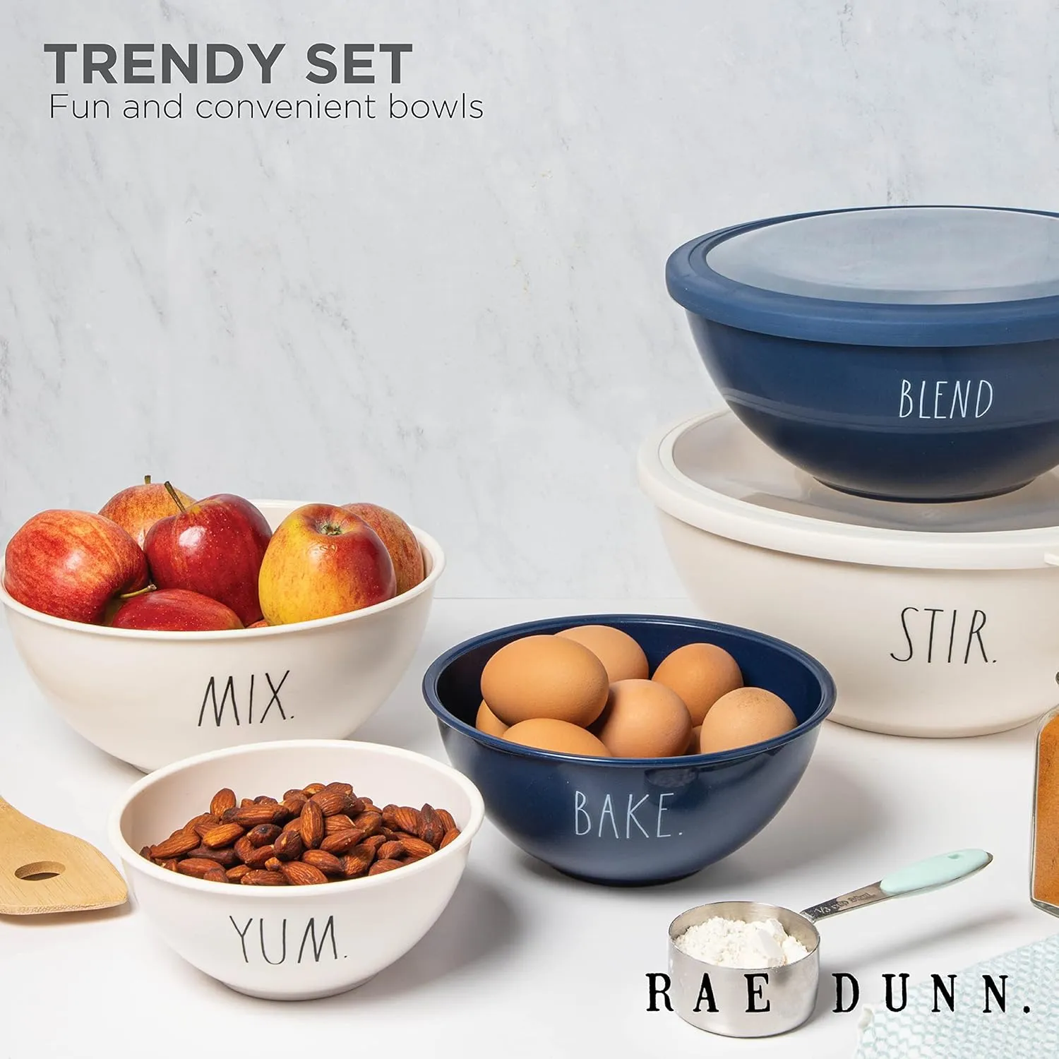 Rae Dunn Mixing Bowls with Lids - 10 Piece Plastic Nesting Bowls Set includes 5 Prep Bowls and 5 Lids