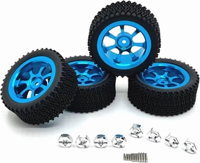 Rc Car Wheel Rim Tire Compatible with Wltoys 144001 144010 144016 144018 124008 124019 for MJX 14301 14302 RC Car Parts 4pc 70mm Metal Wheel Rim Tire Tyre Set(Blue)