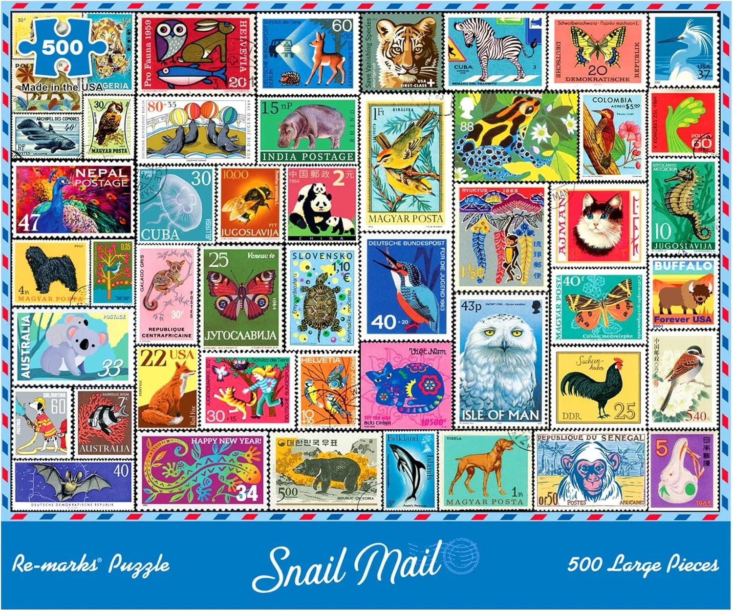 Re-marks Snail Mail Stamp Collage Jigsaw Puzzle, 500 Large Piece Jigsaw Puzzle for All Ages