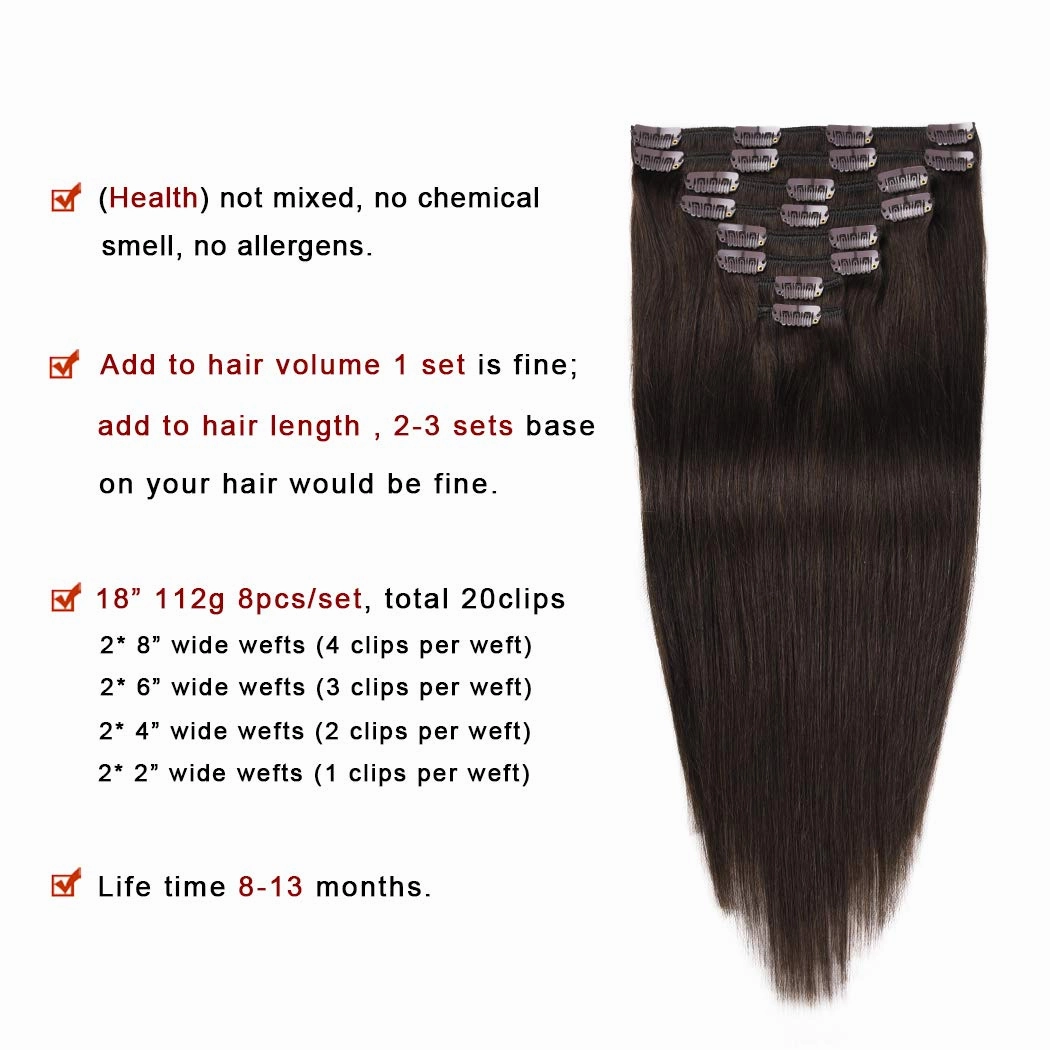 Real Clip in Hair Extensions Dark Brown 8 Pieces - Premium Women Straight Double Weft Thick Remy Hair Extensions Clip in on Human Hair for Short Hair (18" / 18 inch, #2, 112 grams/3.9 Oz)