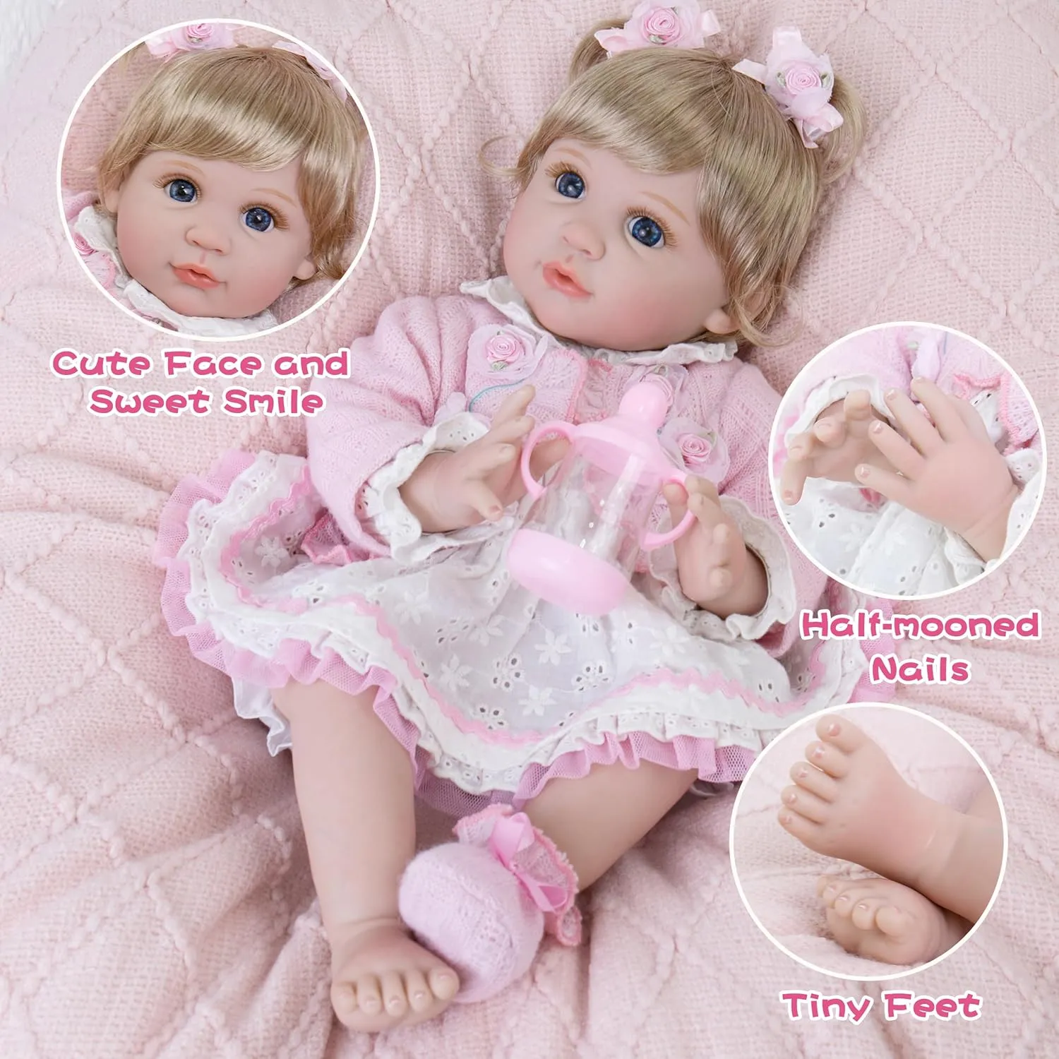 Realistic Reborn Baby Dolls - 22 inch Lifelike Baby Doll Flexible and Soft Baby Doll with Teddy and Feeding Toy Accessories Realistic Reborn Baby Girl for Kids Age 3 