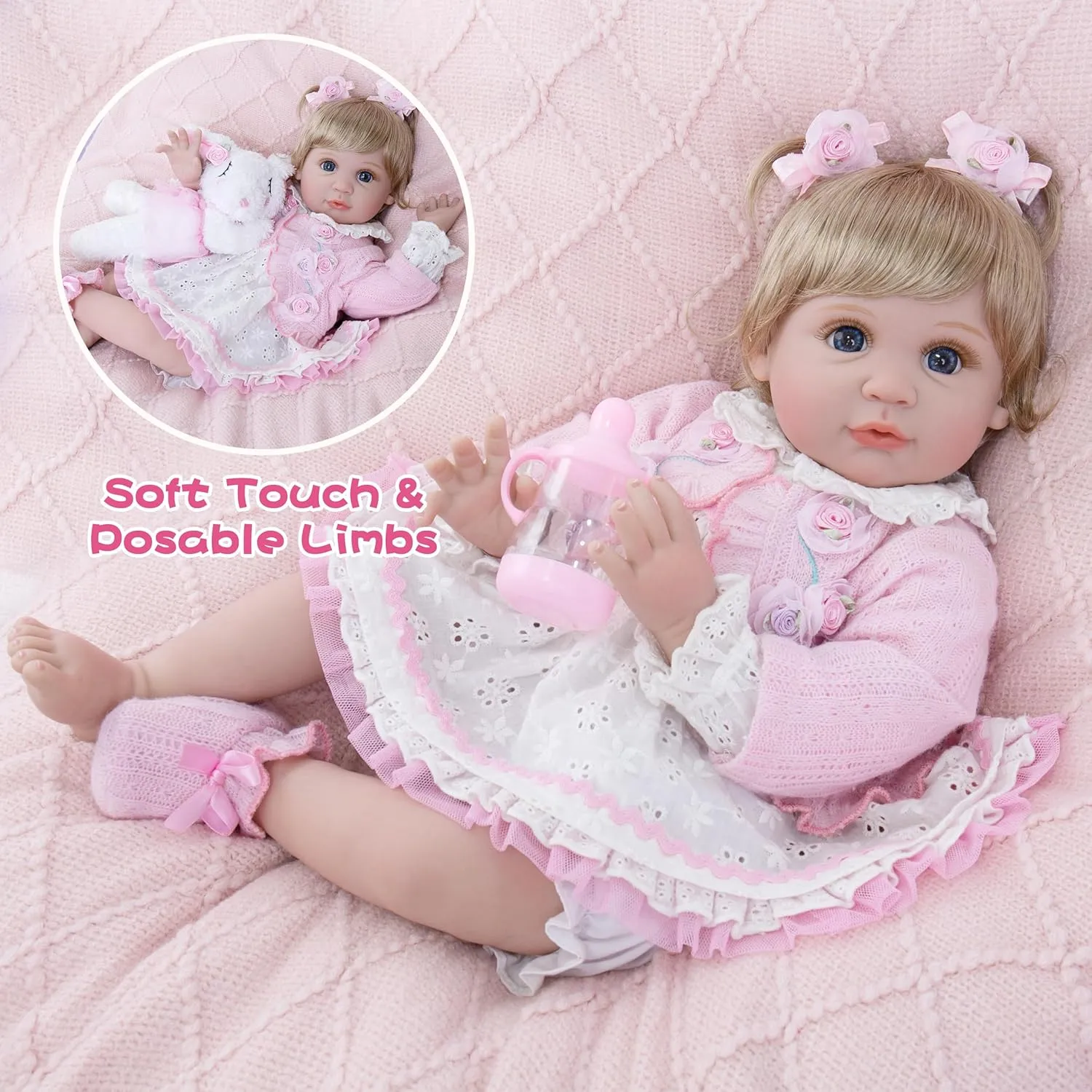Realistic Reborn Baby Dolls - 22 inch Lifelike Baby Doll Flexible and Soft Baby Doll with Teddy and Feeding Toy Accessories Realistic Reborn Baby Girl for Kids Age 3 