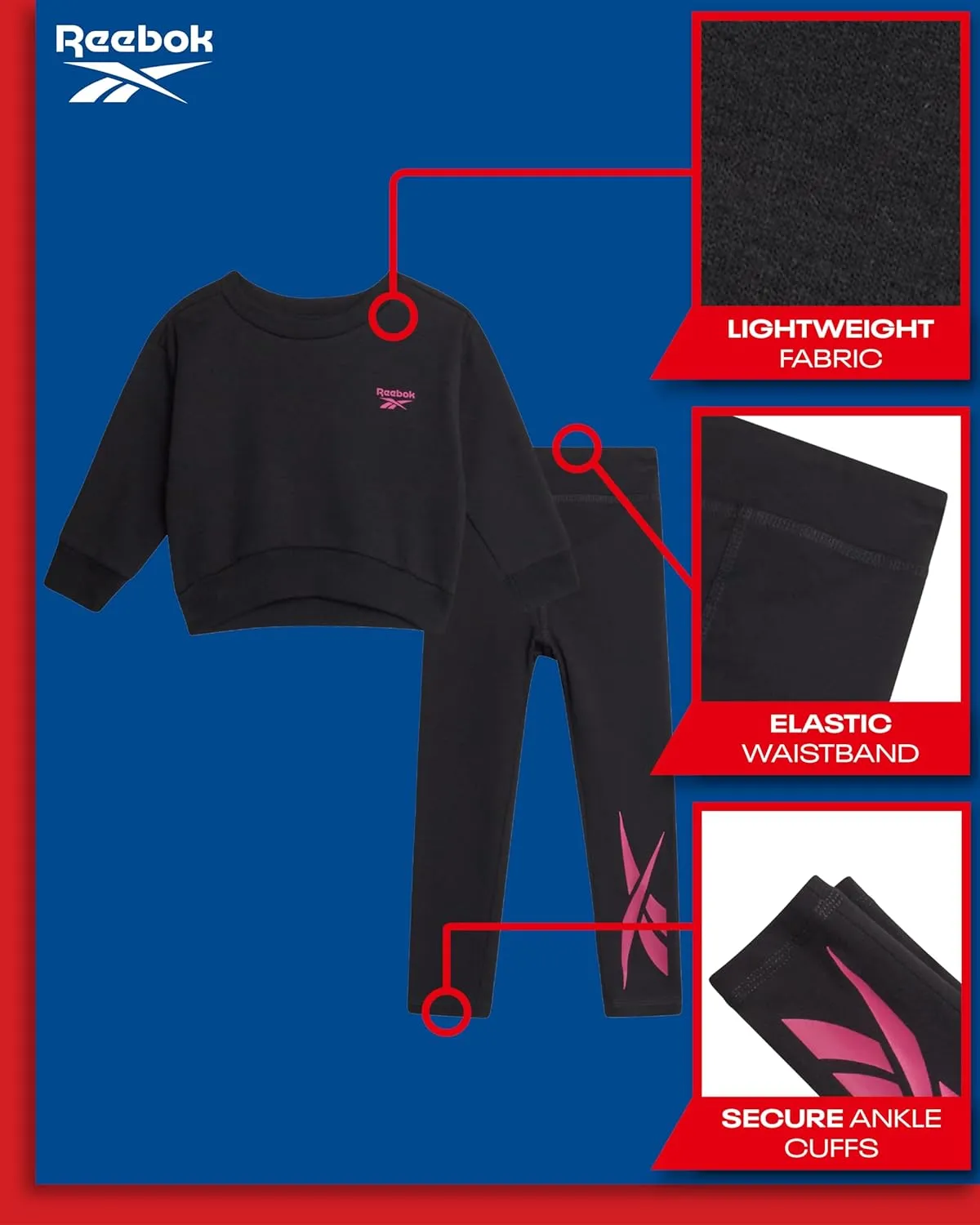 Reebok Baby Girls Pants Set - 2 Piece Cozy Fleece Crewneck Sweatshirt and Girls Leggings for Toddlers and Little Kids (2T-6X)