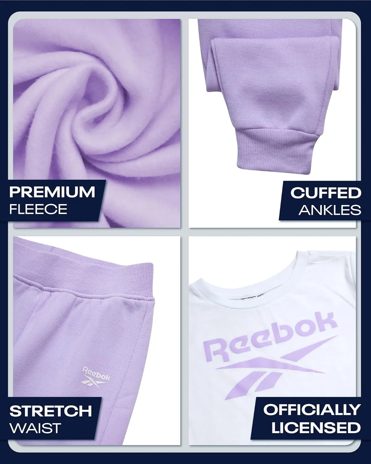 Reebok Baby Girls' Pants Set - 3 Piece Fleece Lined Sweatshirt, Graphic Tee and Jogger Pants for Infant and Toddler (12M-6X)