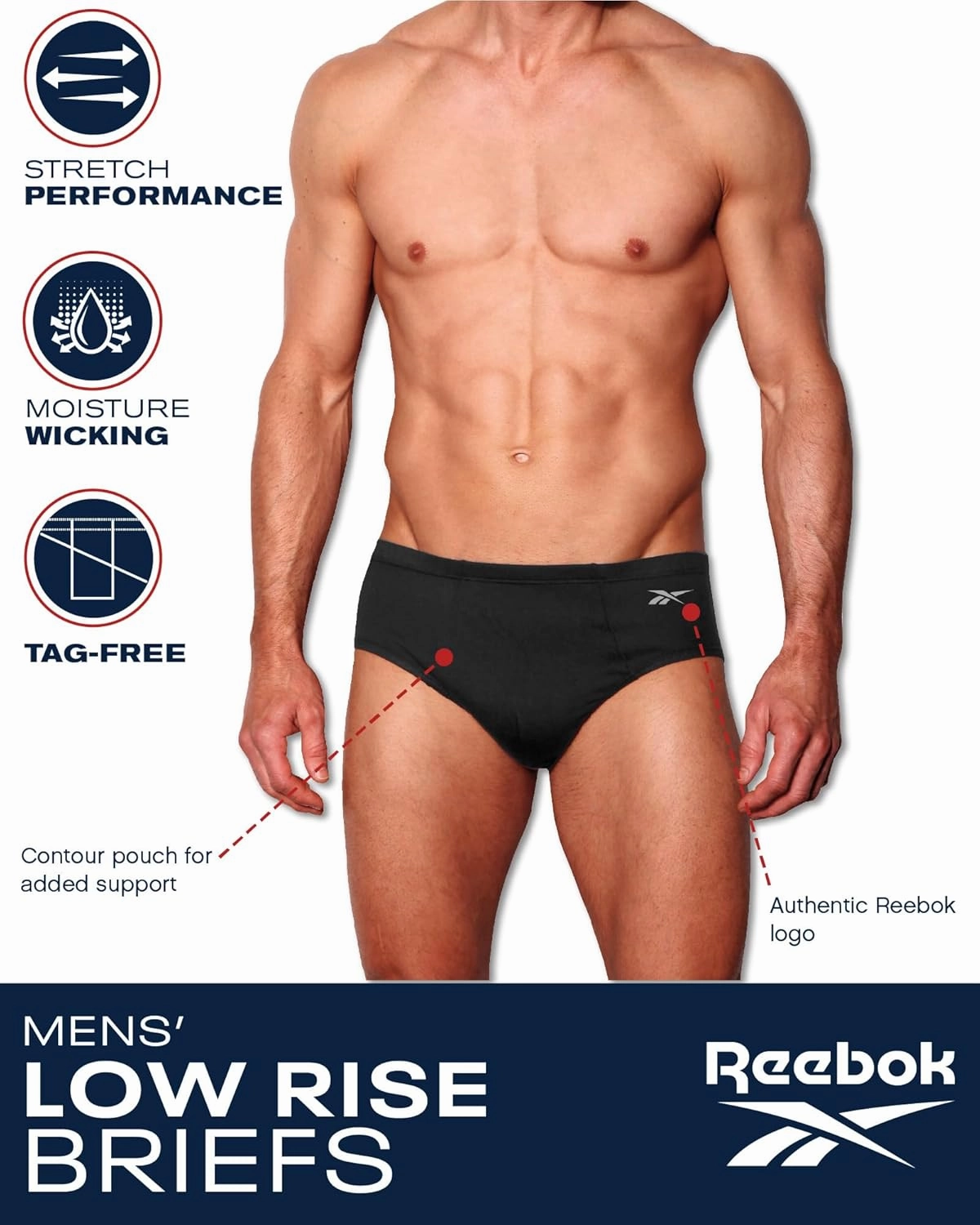 Reebok Low Rise Mens Underwear Briefs - 5 Pack Performance Briefs Cotton Underwear For Men with Contour Pouch (Sizes: S-XL)