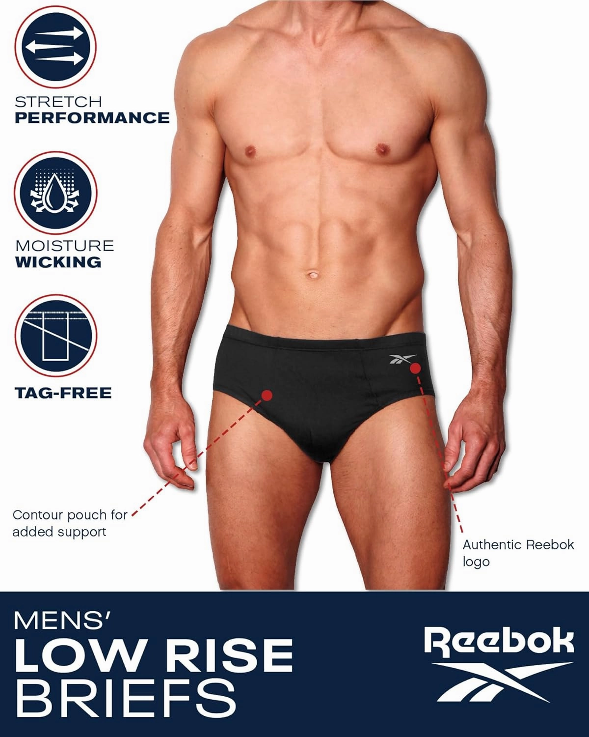 Reebok Low Rise Mens Underwear Briefs - 5 Pack Performance Briefs Cotton Underwear For Men with Contour Pouch (Sizes: S-XL)