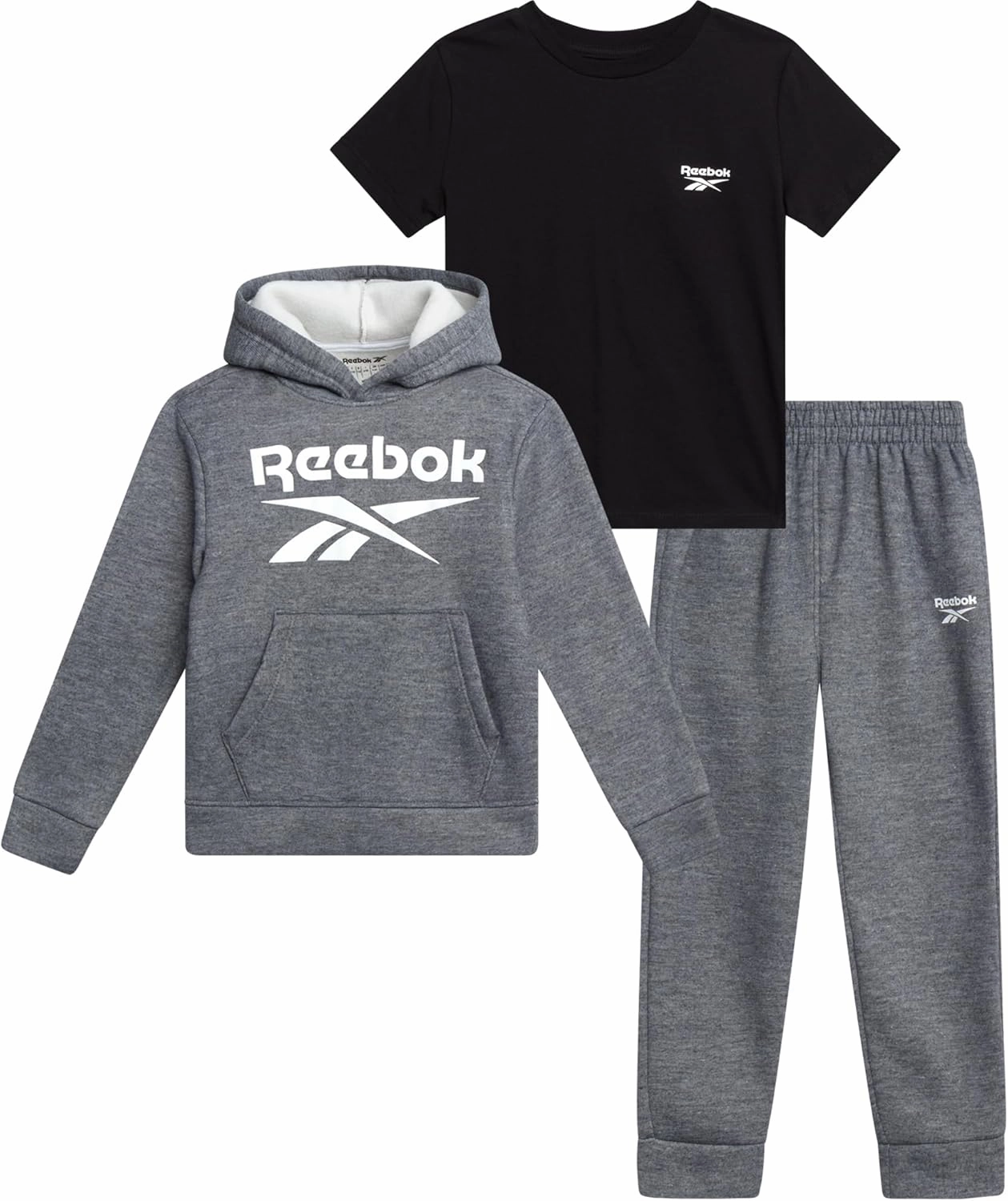 Reebok Toddler Boys Sweatsuit - 3 Piece Cozy Fleece Toddler Boy Outfits with Pullover Hoodie, Athletic Shirt and Boys Joggers