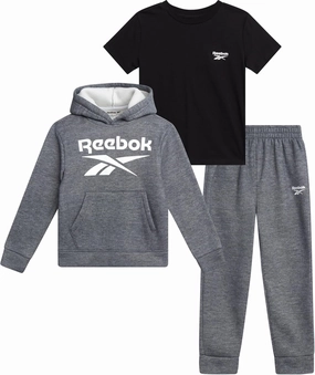 Reebok Toddler Boys Sweatsuit - 3 Piece Cozy Fleece Toddler Boy Outfits with Pullover Hoodie, Athletic Shirt and Boys Joggers