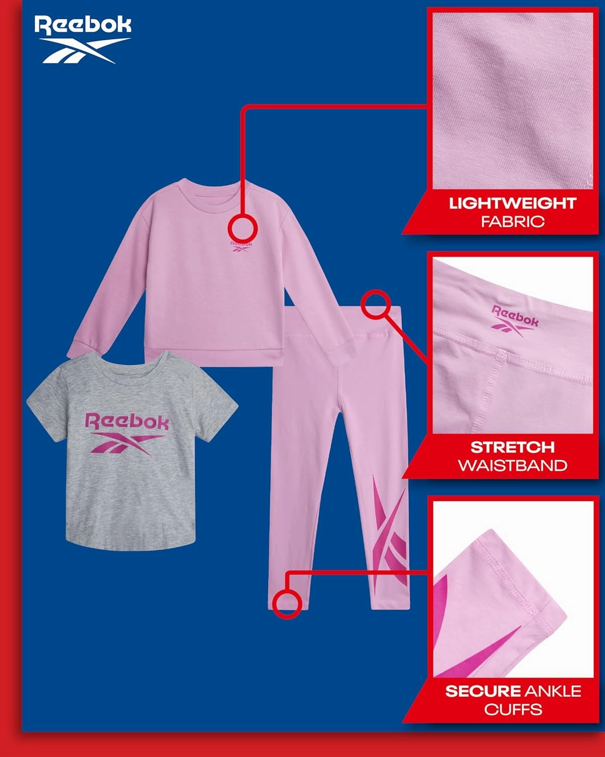 Reebok Toddler Little Girls Athletic Sets - 3 Piece Graphic Tee Shirt, Sweatshirt, and Active Legging Pants Girls Workout Set