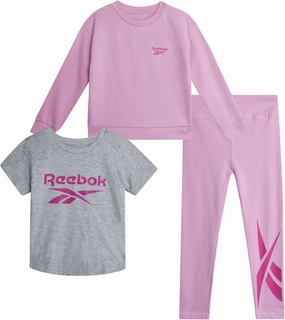 Reebok Toddler Little Girls Athletic Sets - 3 Piece Graphic Tee Shirt, Sweatshirt, and Active Legging Pants Girls Workout Set