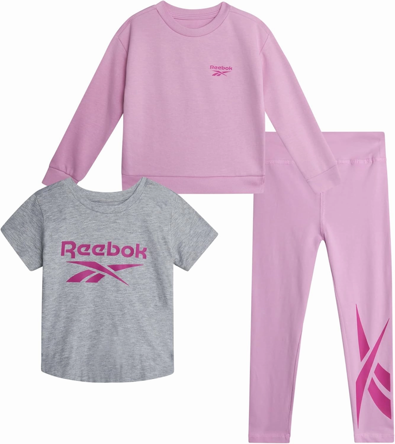 Reebok Toddler Little Girls Athletic Sets - 3 Piece Graphic Tee Shirt, Sweatshirt, and Active Legging Pants Girls Workout Set