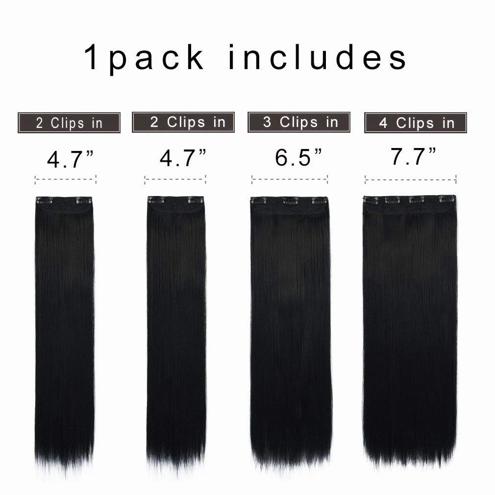 REECHO 24" Straight Long 4 PCS Set Thick Clip in on Hair Extensions Natural Black