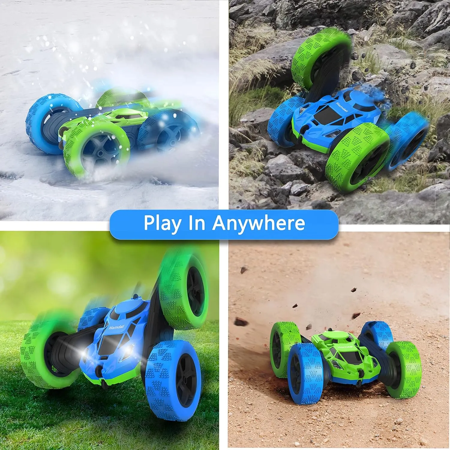Remote Control Car for 6-12 Year Old Double Sided 360°Rotating 4WD RC Cars with Headlights 2.4GHz Electric Rechargeable Race Stunt Toy Car for Boys Girls Birthday (Blue&Green)