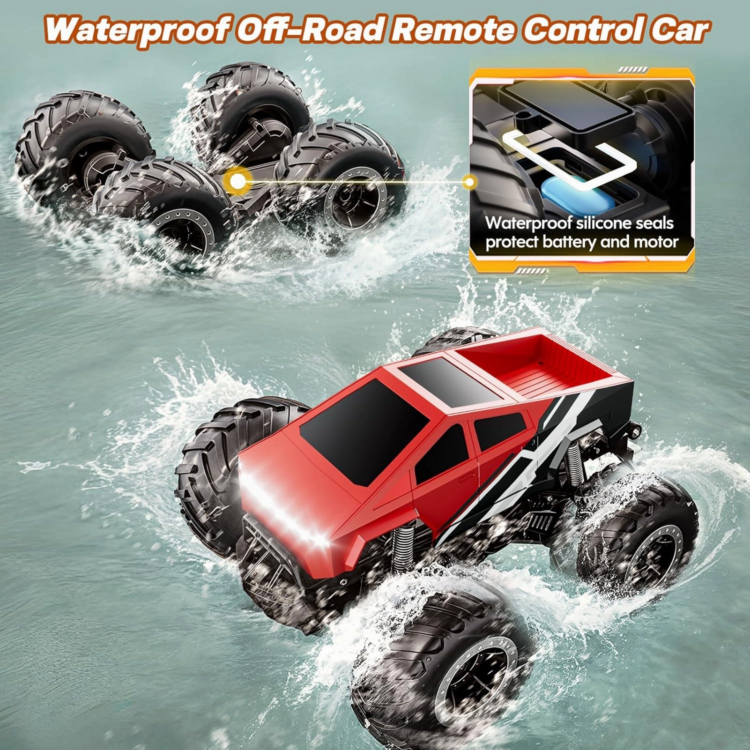 Remote Control Car Off-Road Pick-up Truck - 4WD Amphibious RC Truck Toy RC Cars for All Terrain, 1:16 Scale Hobby Monster Trucks Toys 2.4GHz Vehicles Kids Gifts for Boys/Girls Age 6 7 8 9 10-12 ,Red