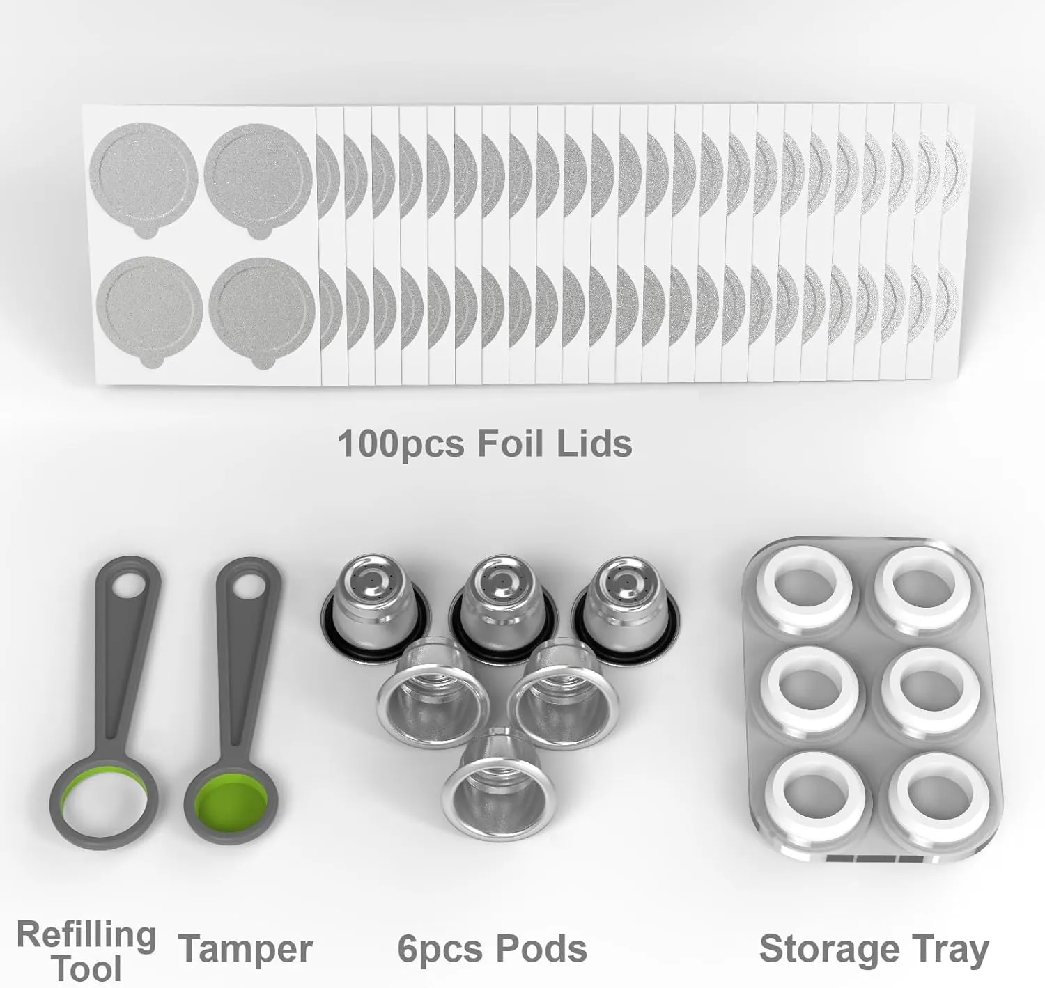 Reusable Capsules for Nespresso OriginalLine - 6pcs Refillable Coffee Pods,Stainless Steel Cups Compatible for Nespresso OriginalLine Machine (6Pods 100pcs Lids Storage Board)