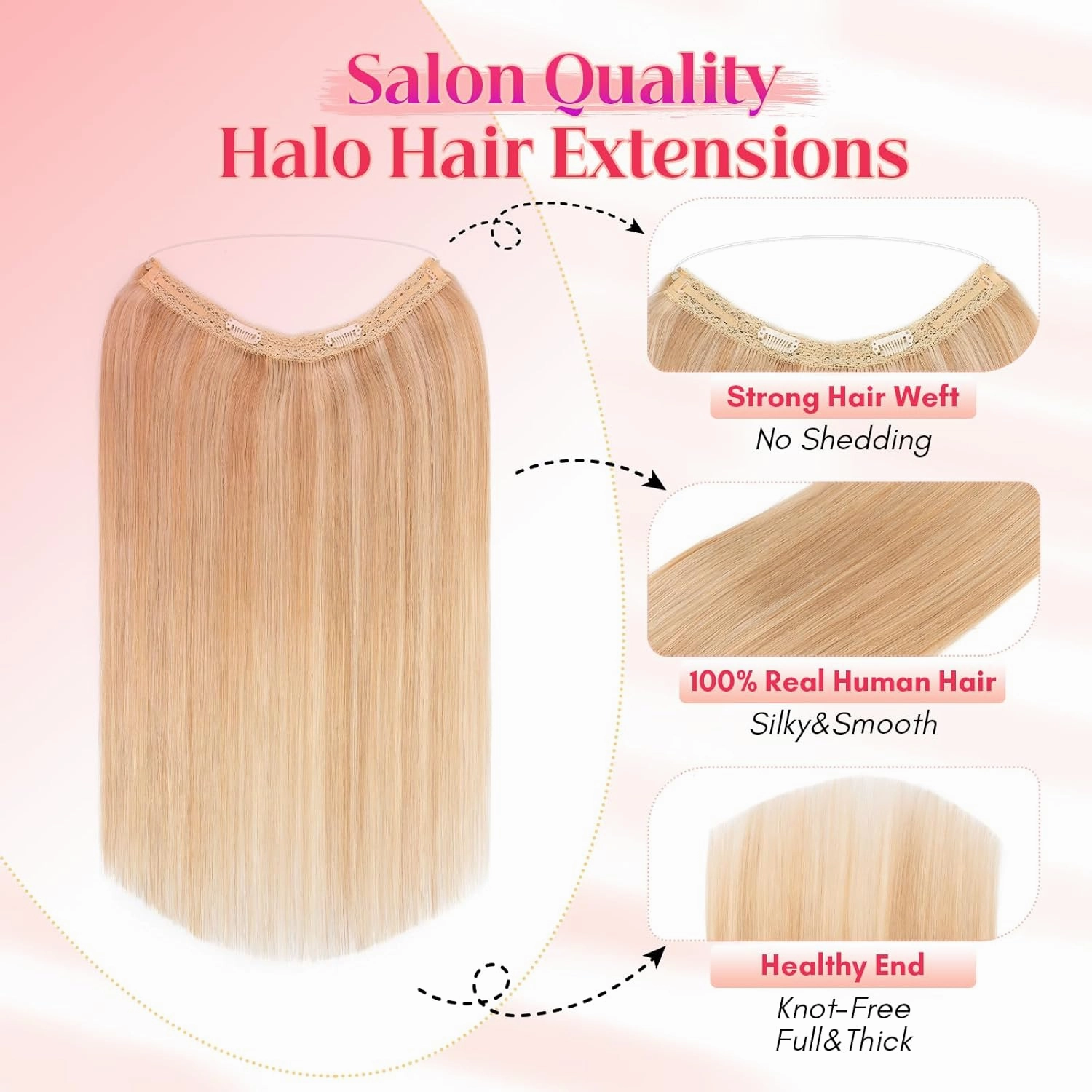 Rich Choices Halo Hair Extensions Real Human Hair 100% Remy Human Hair Halo Extensions for Women Invisible Wire Hair Extensions Clip in Hairpieces 20 Inch #18P613 Ash Blonde Highlight Bleach Blonde