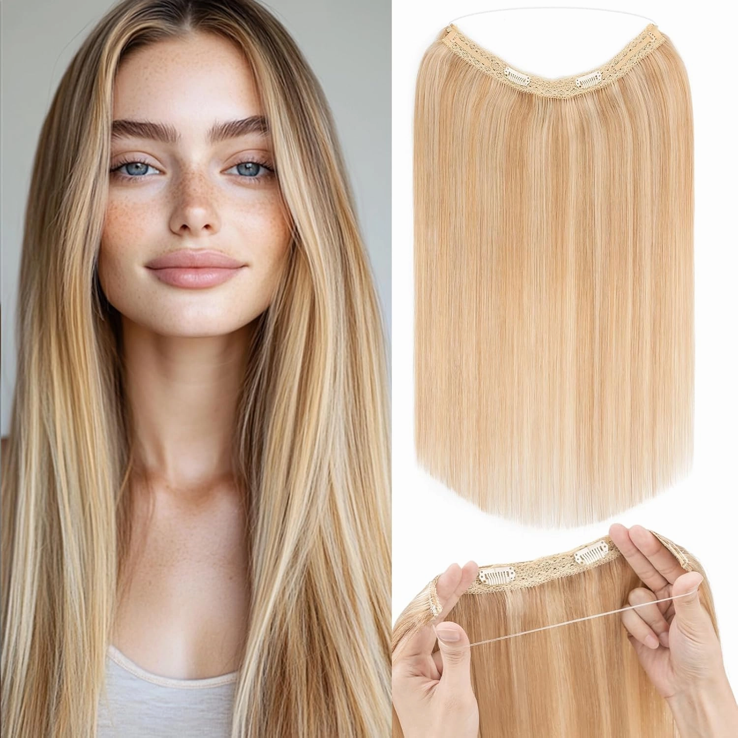 Rich Choices Halo Hair Extensions Real Human Hair 100% Remy Human Hair Halo Extensions for Women Invisible Wire Hair Extensions Clip in Hairpieces 20 Inch #18P613 Ash Blonde Highlight Bleach Blonde