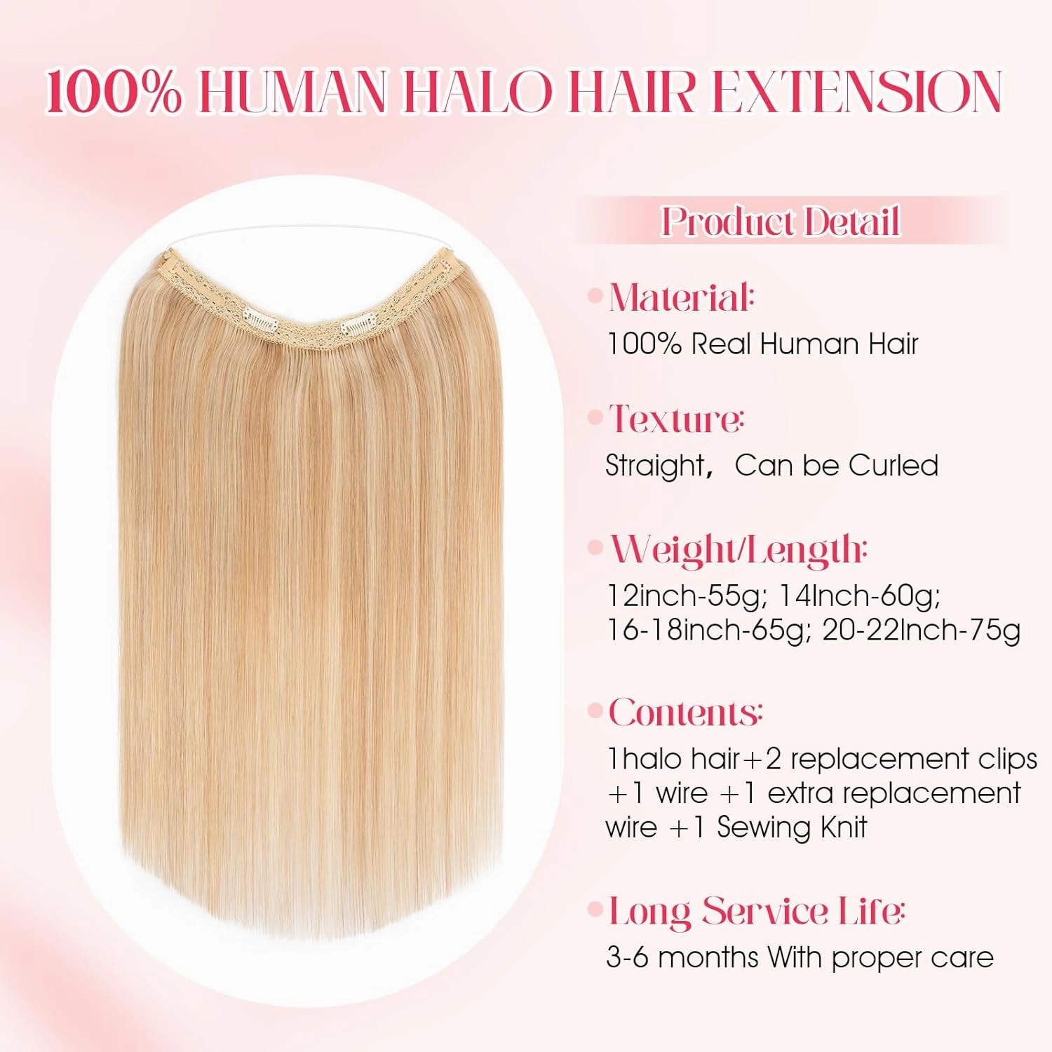 Rich Choices Halo Hair Extensions Real Human Hair 100% Remy Human Hair Halo Extensions for Women Invisible Wire Hair Extensions Clip in Hairpieces 20 Inch #18P613 Ash Blonde Highlight Bleach Blonde