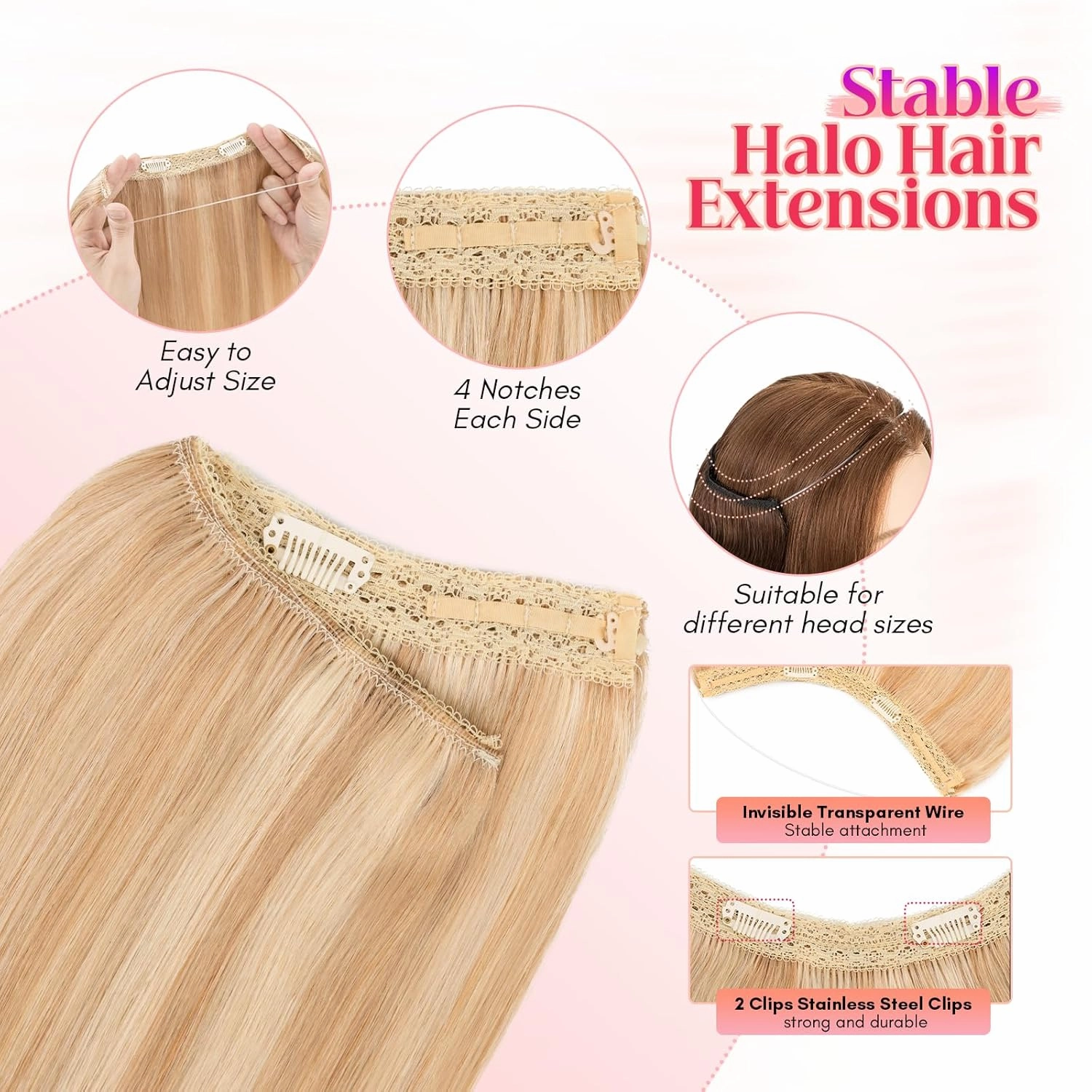 Rich Choices Halo Hair Extensions Real Human Hair 100% Remy Human Hair Halo Extensions for Women Invisible Wire Hair Extensions Clip in Hairpieces 20 Inch #18P613 Ash Blonde Highlight Bleach Blonde