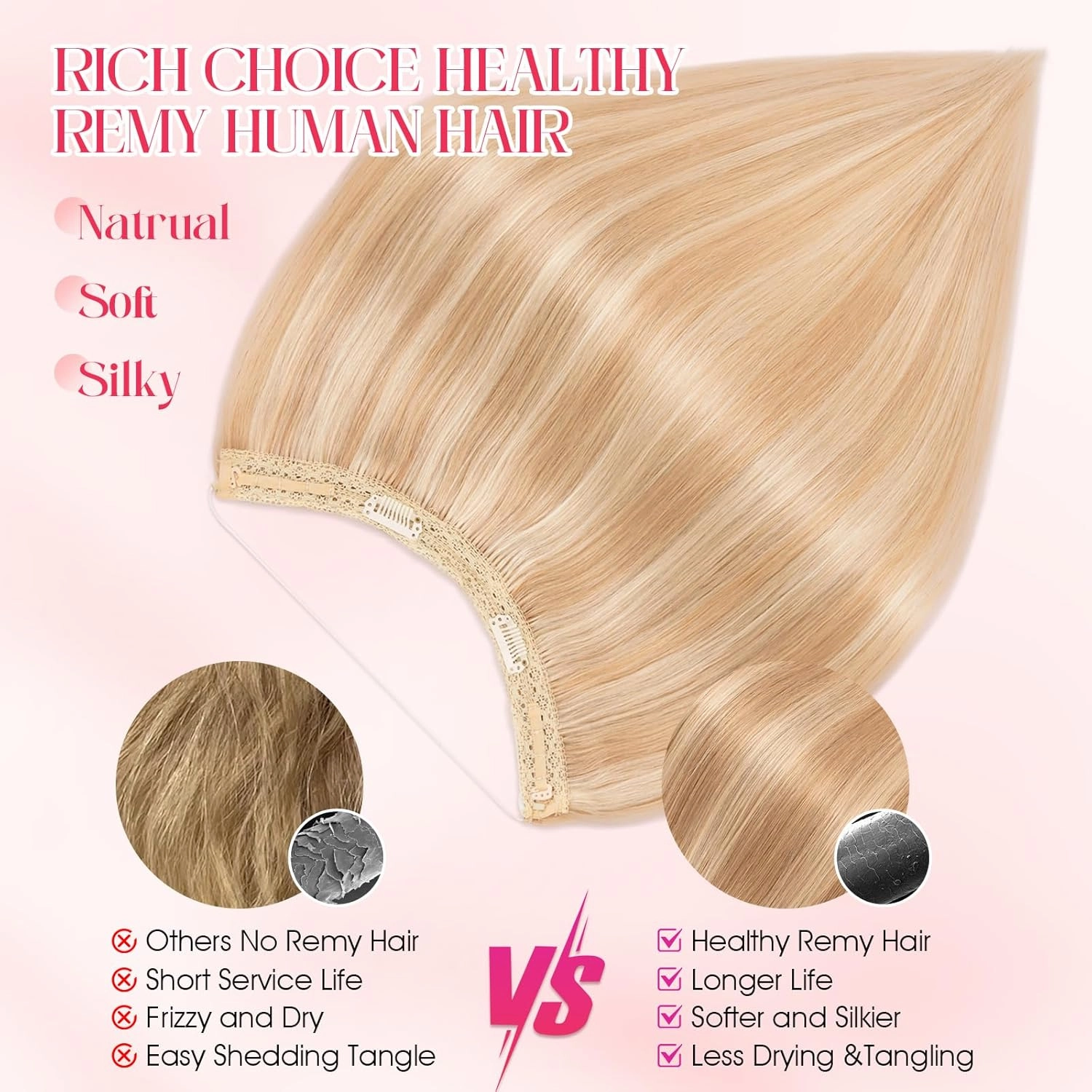 Rich Choices Halo Hair Extensions Real Human Hair 100% Remy Human Hair Halo Extensions for Women Invisible Wire Hair Extensions Clip in Hairpieces 20 Inch #18P613 Ash Blonde Highlight Bleach Blonde