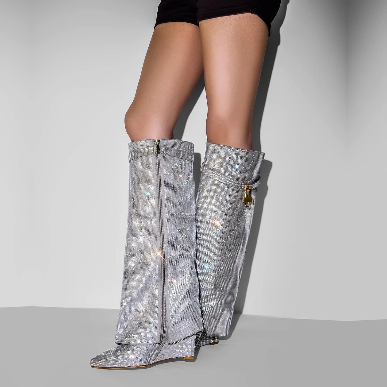 richealnini Fold Over Knee High Heel Boots for Women Pull On Block Heeled Long Booties