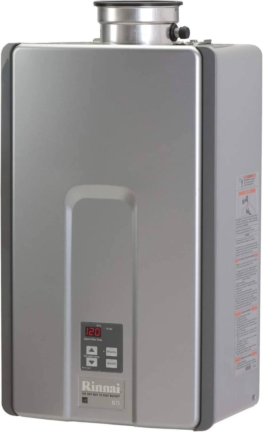 Rinnai RL75IN Tankless Hot Water Heater, 7.5 GPM, Natural Gas, Indoor Installation