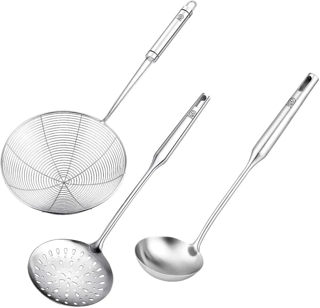 RJ Legend Cooking Spoons Set, Spider Strainer - Slotted Spoon - Soup Ladle, Multi-Use 3 Piece Kitchen Utensil Set, 304 Stainless Steel, Dishwasher Safe