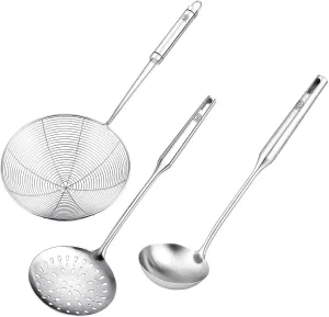 RJ Legend Cooking Spoons Set, Spider Strainer - Slotted Spoon - Soup Ladle, Multi-Use 3 Piece Kitchen Utensil Set, 304 Stainless Steel, Dishwasher Safe