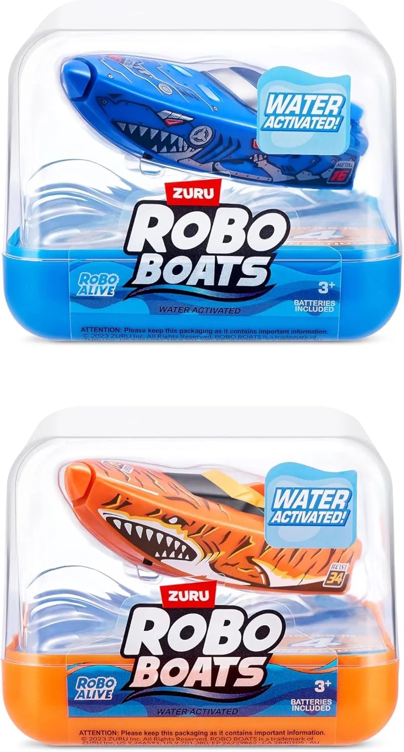 Robo Alive Robo Boats, Tiger Shark & Robo Shark Boat, 2 Pack, by ZURU Water Activated Boat Toy, (Amazon Exclusive)