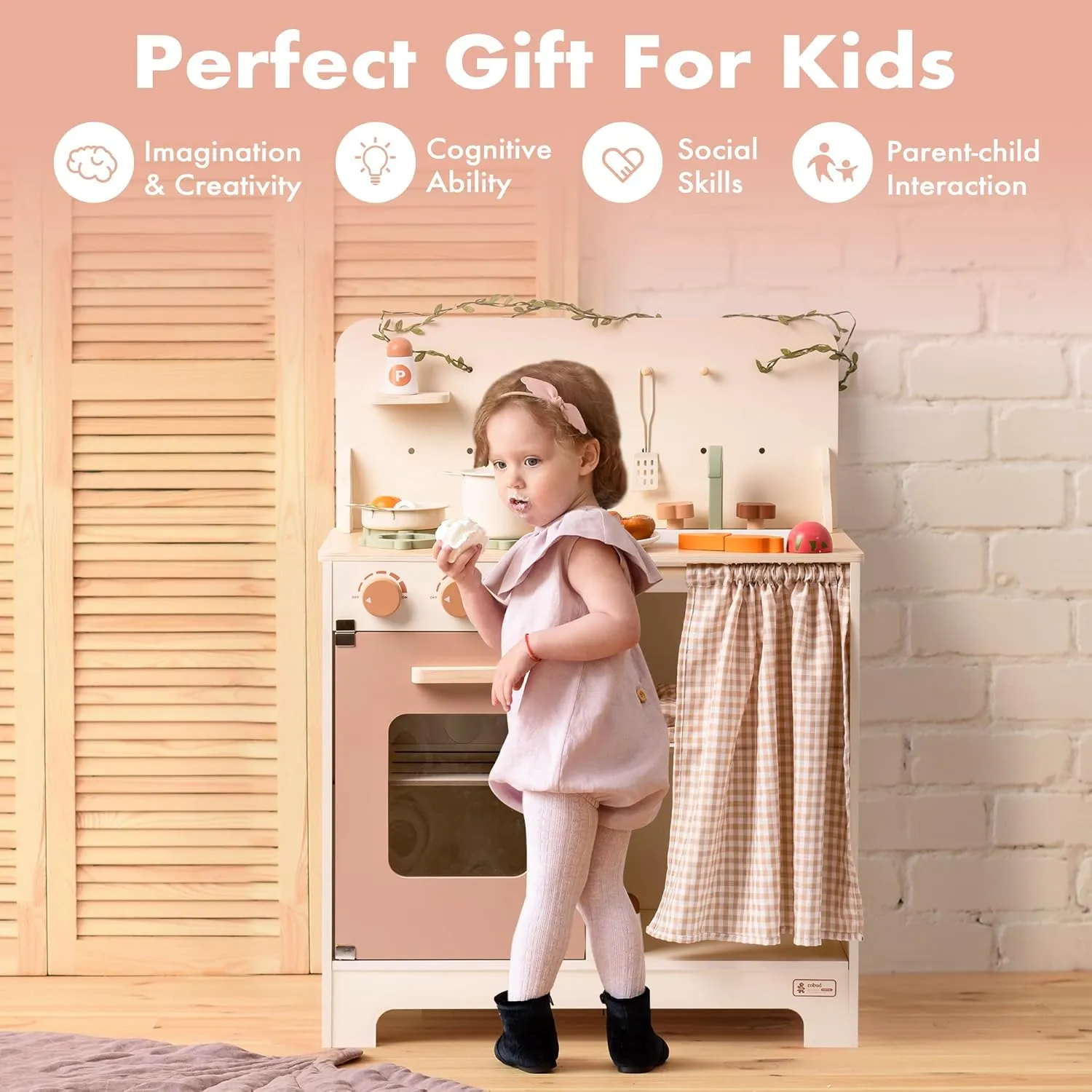 ROBOTIME Kids Play Kitchen Set - Rustic Wooden Kitchen Sets, Pretend Play Kitchen with Leaf Light String, Apron, and Groves, for Toddlers 3  (Rustic Style)