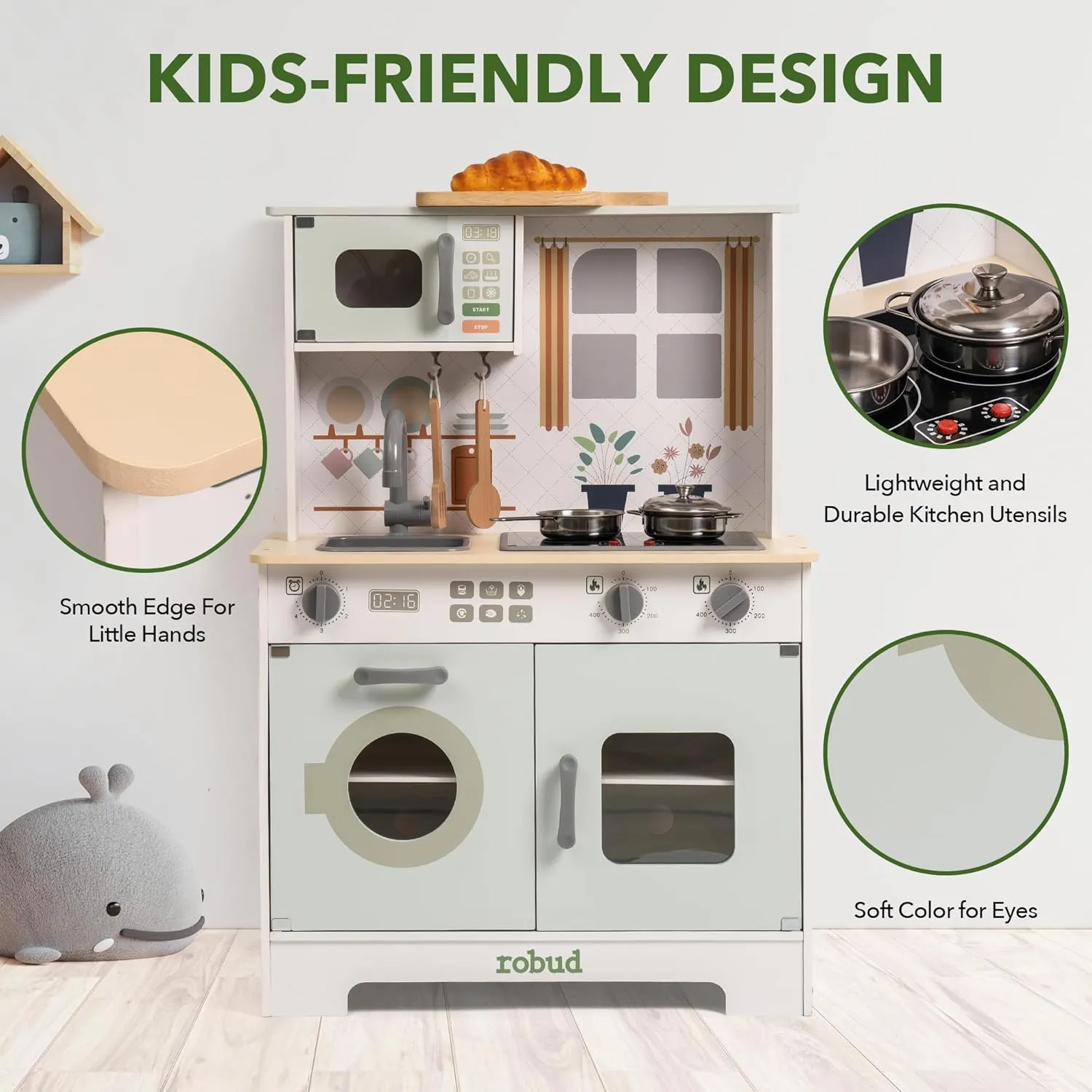 ROBUD Play Kitchen for Kids, Wooden Kids Kitchen Playset with Lights & Sounds, Pots, Cookware, Pretend Kitchen Gift for Boys Girls, Green Modern Look, Age 3 