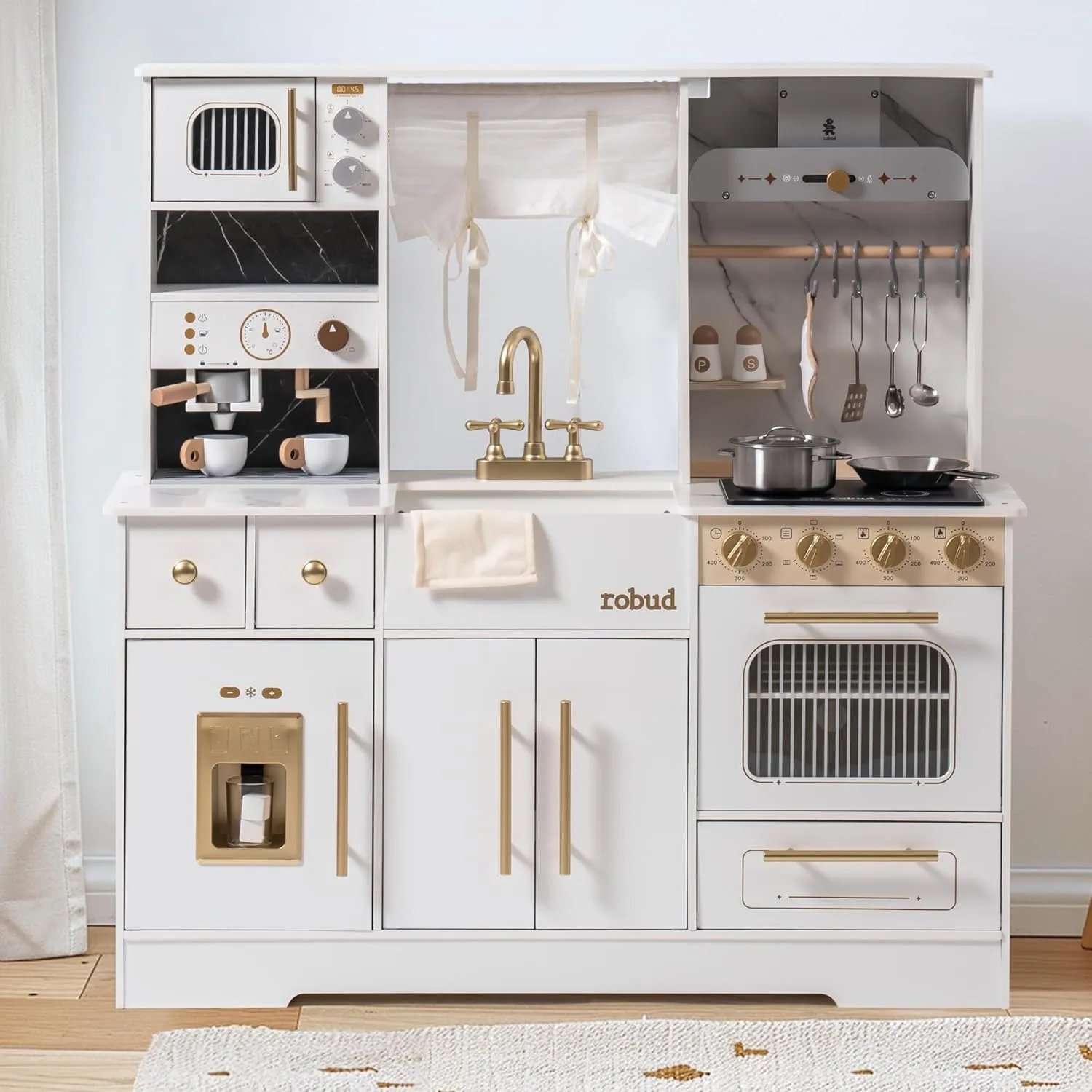 ROBUD Wooden Play Kitchen Set for Kids, Pretend Toy Kitchen with Ice Maker, Coffee Machine, Oven, Microwave, Cabinet, Utensils, Ideal Gift for Boys and Girls Ages 3 , White