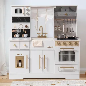 ROBUD Wooden Play Kitchen Set for Kids, Pretend Toy Kitchen with Ice Maker, Coffee Machine, Oven, Microwave, Cabinet, Utensils, Ideal Gift for Boys and Girls Ages 3 , White
