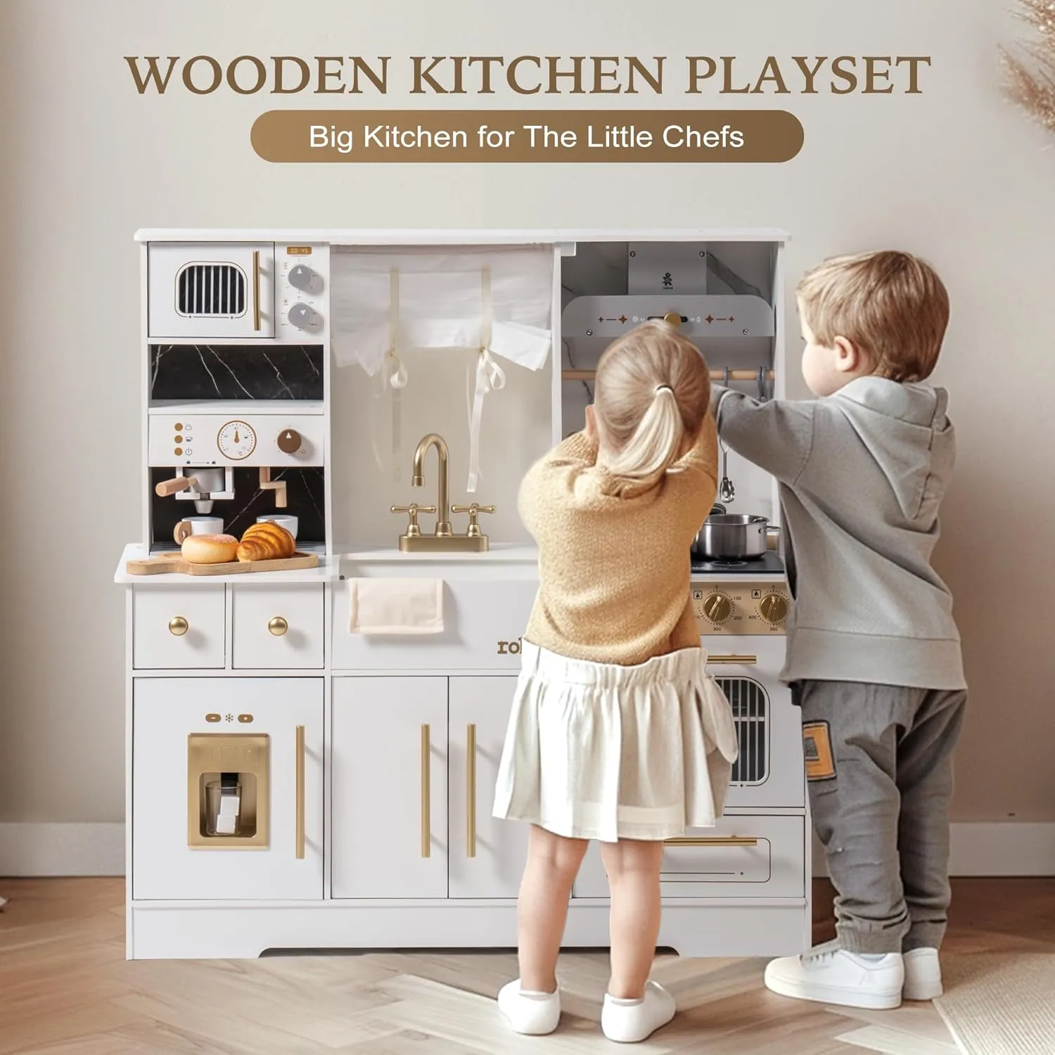 ROBUD Wooden Play Kitchen Set for Kids, Pretend Toy Kitchen with Ice Maker, Coffee Machine, Oven, Microwave, Cabinet, Utensils, Ideal Gift for Boys and Girls Ages 3 , White