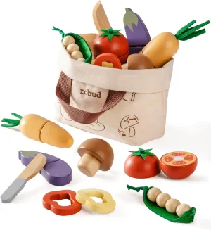 ROBUD Wooden Toy Food Set, Cutting Play Food for Kids Kitchen Accessories Pretend Toy Food Playset with Storage Bag, Toys Gifts for Girls Boys Age 3 , Vegetable Set