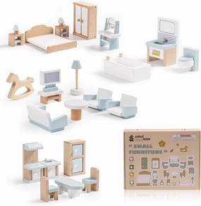 ROBUD Wooden Dollhouse Furniture Set, 23 Pcs Dollhouse Accessories, Miniature Furniture Including 5 Room Kits, Dollhouse Furniture Pretend Play Toys for Boys, Girls & Toddlers, 3 