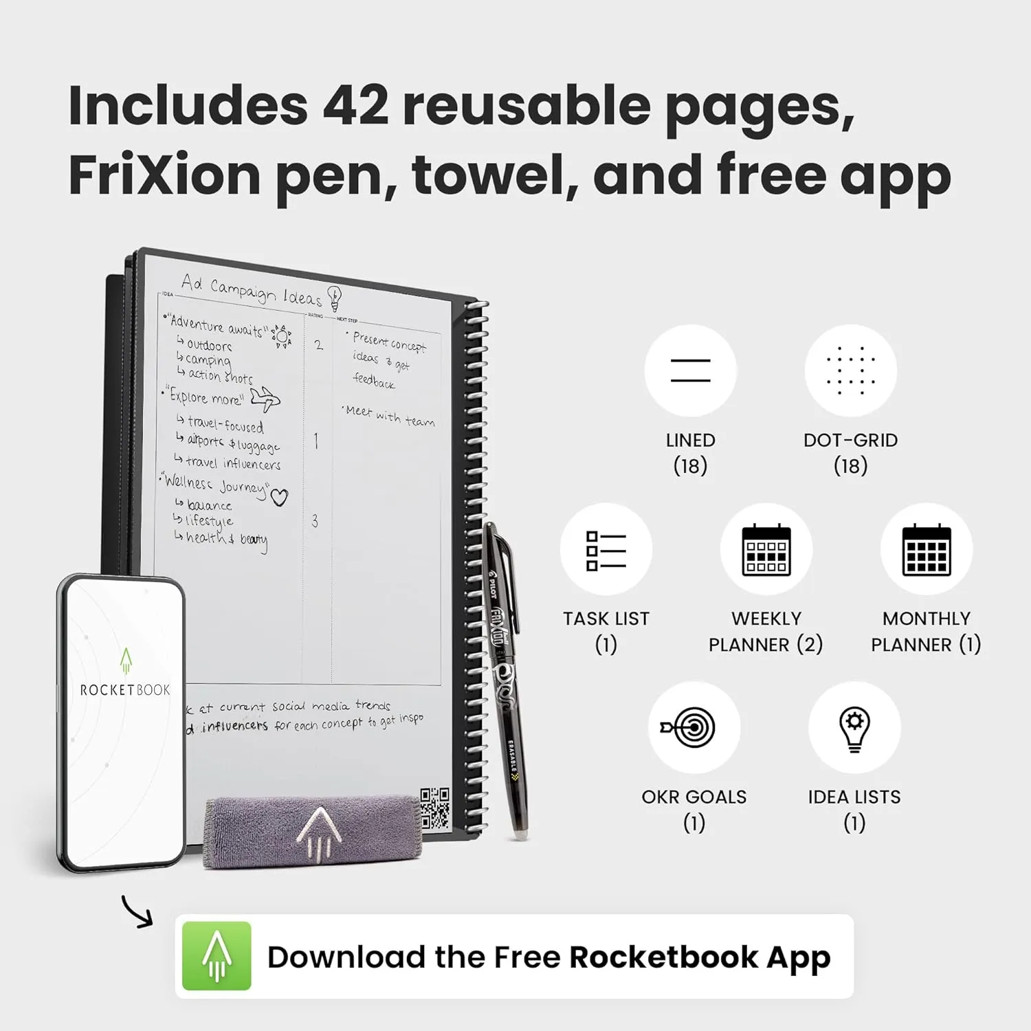 Rocketbook Fusion Reusable Undated Productivity Planner, Letter Size 8.5x11, Navy Blue - Goals, Monthly and Weekly Calendar, Daily To-do List, Lined and Dotted Notes Pages