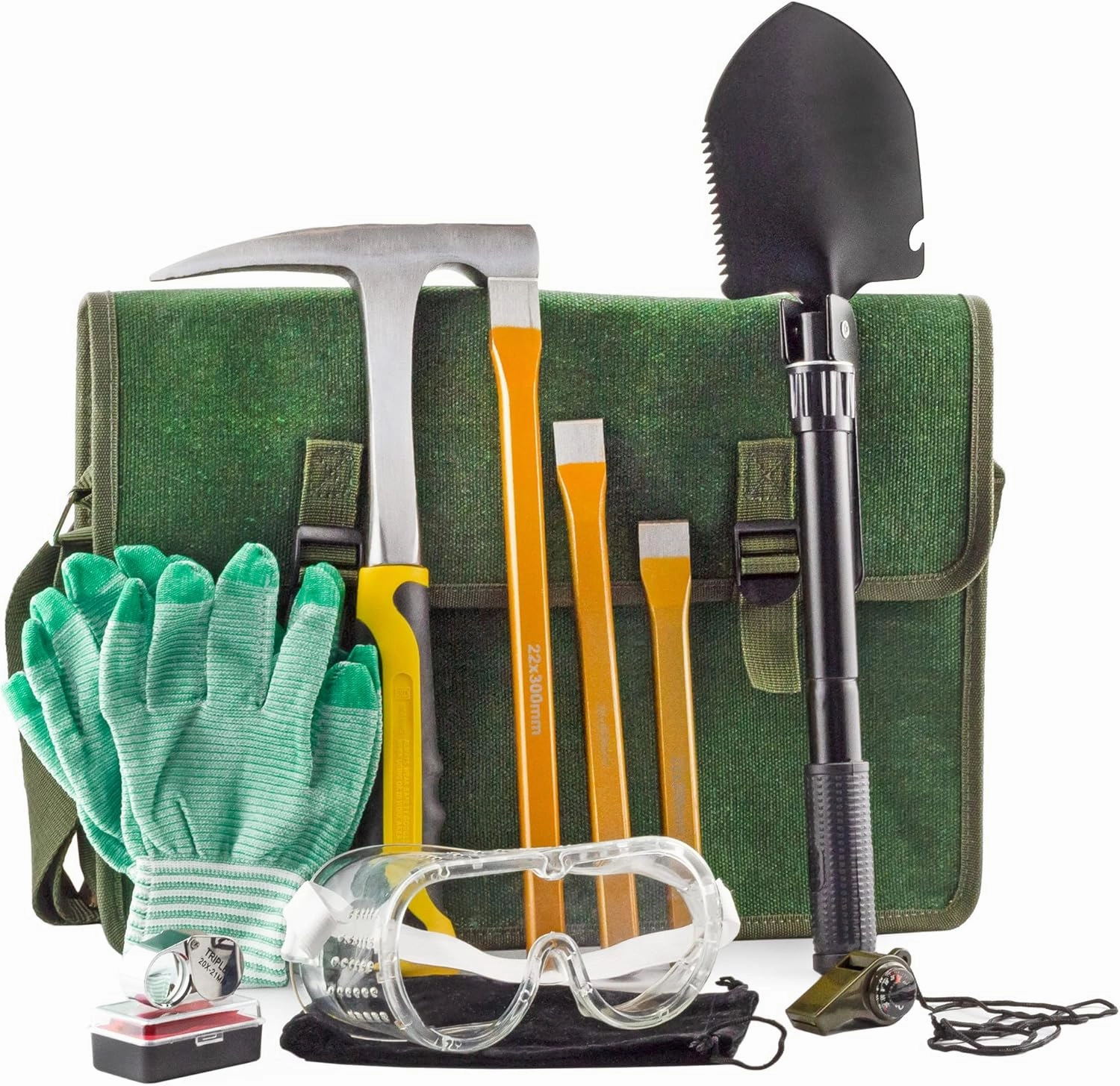 Rockhound & Rock Mining Kit (Deluxe 15-Piece Set); Rockhound Set Includes Hammer, Chisels, Musette Bag and Accessories