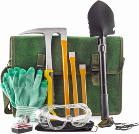 Rockhound & Rock Mining Kit (Deluxe 15-Piece Set); Rockhound Set Includes Hammer, Chisels, Musette Bag and Accessories