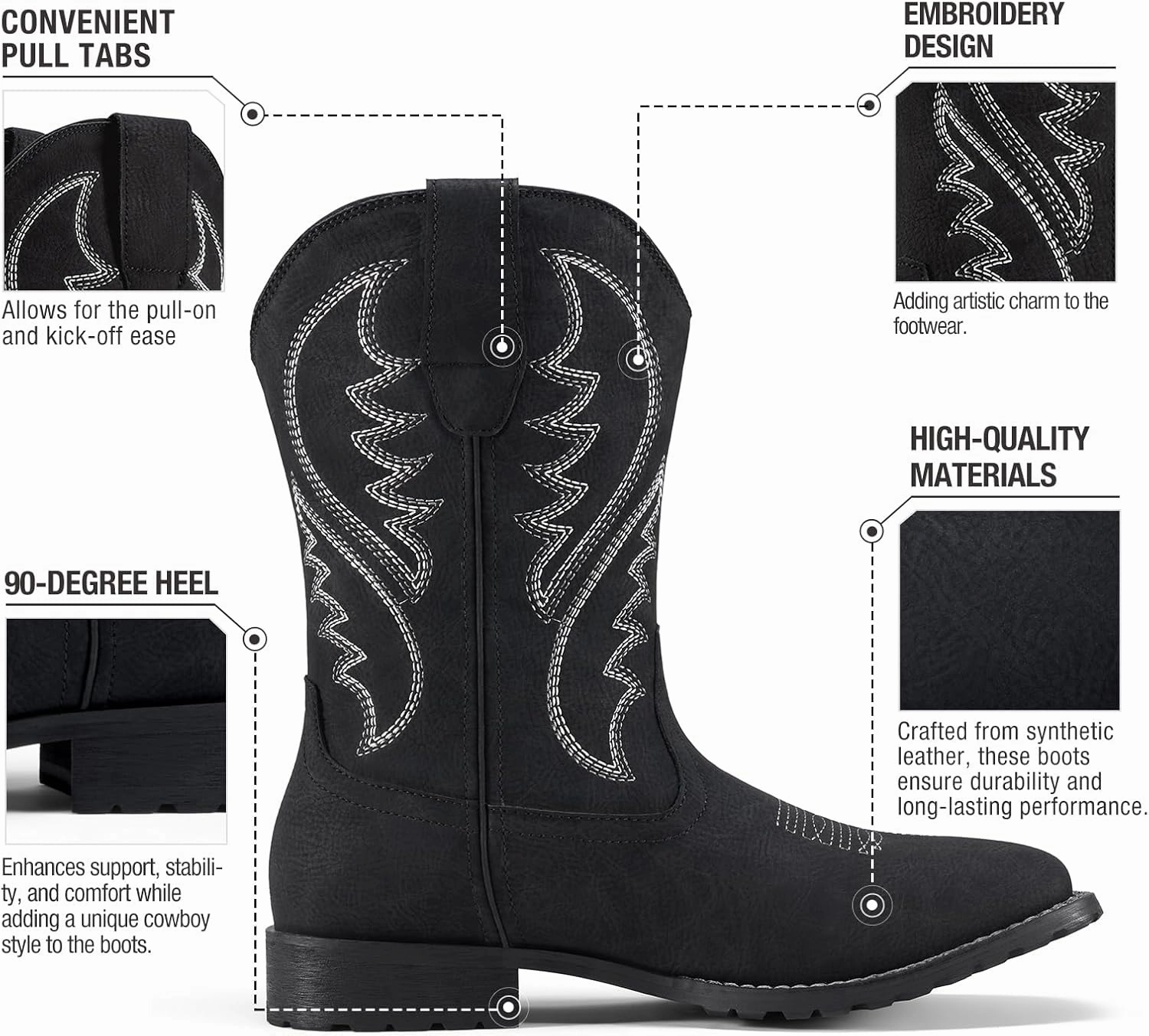 Rollda Cowboy Boots for Men Western Boots Men's Square Toe Chunky Heel Mid-Calf Boots Classic Embroidered Pull On Boots