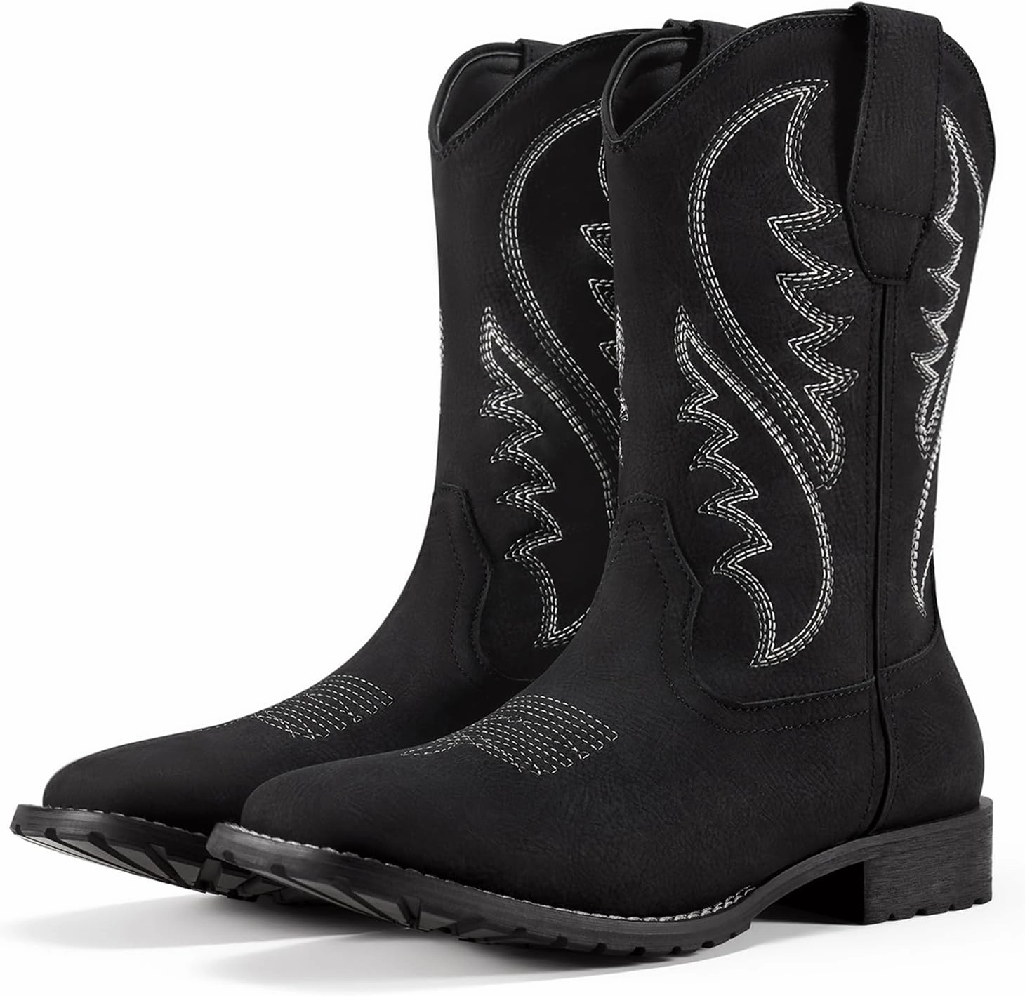 Rollda Cowboy Boots for Men Western Boots Men's Square Toe Chunky Heel Mid-Calf Boots Classic Embroidered Pull On Boots
