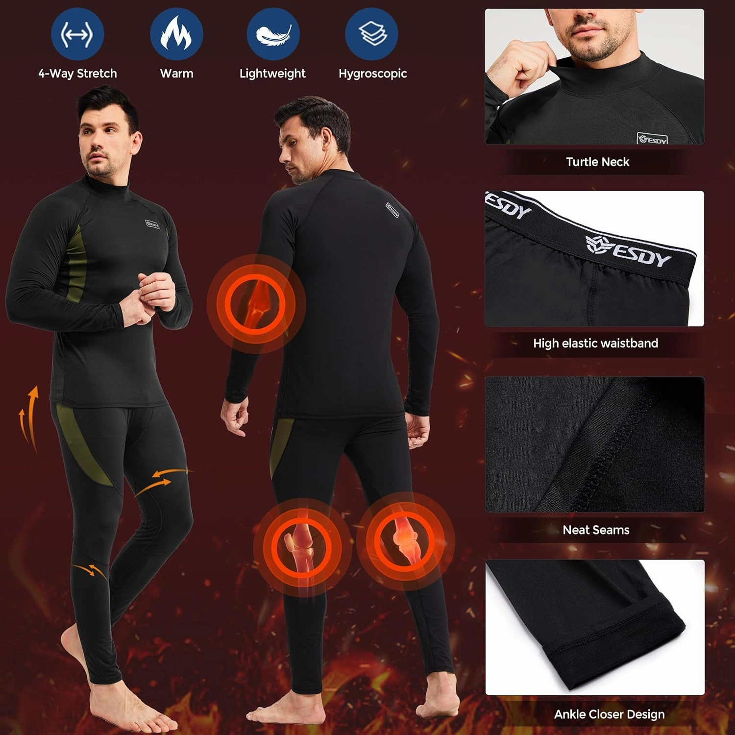 romision 2 Pack Thermal Underwear for Men Long Johns Fleece Lined Hunting Gear Bottom Top Set Base Layer Cold Weather XS-4XL